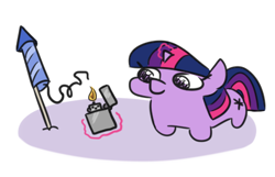 Size: 412x266 | Tagged: safe, artist:jargon scott, twilight sparkle, pony, unicorn, g4, female, filly, filly twilight sparkle, fireworks, glowing, glowing horn, horn, levitation, lighter, magic, magic aura, new year, simple background, solo, squatpony, telekinesis, this will end in explosions, this will not end well, twiggie, unicorn twilight, white background, younger