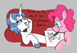Size: 472x326 | Tagged: safe, artist:dsstoner, fancypants, pinkie pie, earth pony, pony, unicorn, g4, aggie.io, couch, draw me like one of your french girls, drawing, female, lowres, lying down, male, mare, mouth hold, pencil, simple background, smiling, stallion, titanic