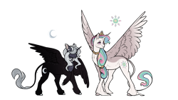 Size: 6960x3900 | Tagged: safe, artist:paliona, princess celestia, princess luna, alicorn, pony, g4, alternate design, choker, crown, duo, ear fluff, female, jewelry, leonine tail, long fetlocks, mare, necklace, peytral, regalia, siblings, simple background, sisters, spread wings, standing, tail, tail jewelry, tiara, transparent background, unshorn fetlocks, white-haired luna, wings