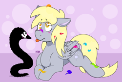 Size: 1500x1000 | Tagged: safe, artist:dsstoner, derpy hooves, pegasus, pony, worm, g4, blushing, derp, googly eyes, lying, scrunchy face, tongue out, toy, worm on a string