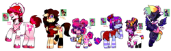 Size: 2003x600 | Tagged: safe, alternate version, artist:dsstoner, applejack, fluttershy, pinkie pie, rainbow dash, rarity, twilight sparkle, alicorn, bat pony, earth pony, pegasus, pony, unicorn, pony town, g4, alternate cutie mark, applejack's hat, apron, bandana, baseball cap, bat ponified, beard, blush sticker, blushing, boots, bowtie, cap, clothes, colored hooves, colored sclera, colorful, cowboy hat, dress, ear piercing, earring, eyeshadow, facial hair, flutterbat, flying, gay pride flag, glasses, goatee, goggles, hair bun, hairclip, hat, hoodie, hoof polish, jewelry, lab coat, leonine tail, lipstick, makeup, mane six, nose piercing, nose ring, piercing, pigtails, pride, pride flag, race swap, raised hoof, redesign, shoes, short tail, sideburns, simple background, size difference, sleeveless, sleeveless hoodie, standing, tail, twilight sparkle (alicorn), waistcoat, white background