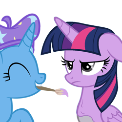 Size: 1024x1024 | Tagged: safe, artist:dtkraus, artist:wardex101, color edit, edit, trixie, twilight sparkle, alicorn, pony, g4, ^^, beret, bodypaint, colored, cute, diatrixes, discorded, discorded twilight, eyes closed, female, grin, hat, mare, paint, paint on feathers, paint on fur, paintbrush, painting characters, recolor, simple background, smiling, transparent background, twilight sparkle (alicorn), twilight tragedy, unamused, vector