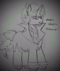 Size: 2878x3406 | Tagged: safe, artist:dsstoner, oc, oc only, pony, undead, unicorn, vampire, vampony, clothes, coat, ear piercing, earring, facial hair, glasses, high res, jewelry, male, moustache, piercing, solo, stallion, tongue out, traditional art