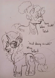 Size: 2871x4073 | Tagged: safe, artist:dsstoner, oc, food pony, pony, unicorn, fallout equestria, apron, before and after, chef's hat, clothes, coat, fallout, food, gun, hat, headset, pants, ponified, traditional art, weapon