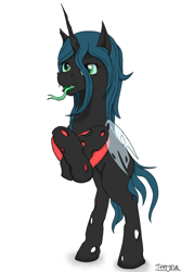 Size: 1280x1920 | Tagged: safe, artist:terminalhash, queen chrysalis, changeling, changeling queen, g4, angry, bipedal, heart, plushie, simple background, solo, white background
