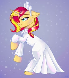 Size: 1067x1200 | Tagged: safe, artist:ske, sunset shimmer, pony, unicorn, g4, clothes, dress, female, horn, mare, simple background, snow, solo, white dress