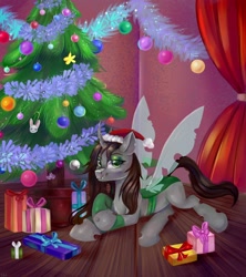 Size: 2400x2700 | Tagged: safe, artist:ske, changeling, christmas, christmas changeling, christmas tree, green changeling, happy new year, hat, high res, holiday, present, santa hat, solo, tree