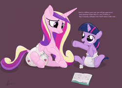 Size: 2254x1634 | Tagged: safe, artist:drasill, princess cadance, twilight sparkle, alicorn, pony, unicorn, g4, babysitting, book, cute, dialogue, diaper, diaper fetish, diapered, duo, female, fetish, filly, filly twilight sparkle, foal, foalsitter, looking at each other, looking at someone, mare, non-baby in diaper, open mouth, open smile, poofy diaper, simple background, sitting, smiling, speech bubble, twiabetes, unicorn twilight, white diaper, younger