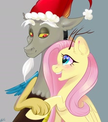 Size: 2400x2700 | Tagged: safe, artist:ske, discord, fluttershy, draconequus, pegasus, pony, g4, antlers, blushing, christmas, duo, duo male and female, eyebrows, female, folded wings, gray background, happy new year, hat, heart, heart eyes, high res, holding hands, holding hoof, holding hooves, holiday, looking at each other, looking at someone, male, mare, open mouth, open smile, santa hat, ship:discoshy, shipping, signature, simple background, smiling, smiling at each other, straight, wingding eyes, wings