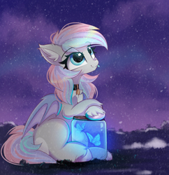 Size: 2242x2318 | Tagged: source needed, safe, artist:janelearts, oc, oc only, oc:dreamyway skies, bat pony, butterfly, insect, pony, :p, accessory, bat pony oc, bat wings, bottle, catching, chest fluff, chillaxing, collar, commission, ear fluff, ear tufts, female, happy, high res, looking up, mare, night, romantic, sitting, smiling, solo, starry eyes, starry sky, tongue out, unshorn fetlocks, wingding eyes, wings, ych result