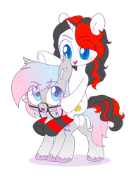 Size: 1622x2100 | Tagged: source needed, safe, artist:lil chif, oc, oc only, oc:dreamyway skies, oc:starforce fireline, bat pony, pony, unicorn, bat pony oc, bat wings, blushing, bridle, butt, chest fluff, clothes, cute, ear fluff, ear tufts, eye clipping through hair, eyebrows, eyebrows visible through hair, female, heart, heart butt, heart mark, horn, horse riding a horse, mare, oc riding oc, oc x oc, open mouth, open smile, plot, ponies riding ponies, reins, riding, shipping, simple background, smiling, socks, sparkles, striped socks, tack, transparent background, unicorn oc, wings