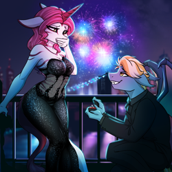 Size: 2000x2000 | Tagged: safe, artist:kennzeichen, oc, oc only, oc:impala lily, oc:rocket burst, hybrid, unicorn, zony, anthro, unguligrade anthro, anthro oc, bare shoulders, clothes, commission, couple, digital art, dress, engagement ring, fangs, female, fireworks, happy new year, happy new year 2023, high res, holiday, horn, impacket, kneeling, leonine tail, male, mare, marriage proposal, night, oc x oc, racing stripes, shipping, sleeveless, smiling, straight, strapless, suit, tail, unicorn oc, zony oc
