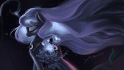Size: 4096x2304 | Tagged: safe, artist:musical ray, princess luna, alicorn, pony, eyes closed, female, flower, glowing, glowing horn, high res, horn, jewelry, mare, necklace, night, regalia, solo