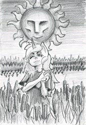 Size: 1322x1920 | Tagged: safe, artist:ploskostnost, lyra heartstrings, anthro, g4, grave, grayscale, monochrome, pencil drawing, solo, sun, traditional art