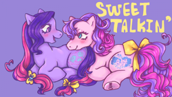 Size: 1200x675 | Tagged: safe, artist:twinkleeyedshark, chatterbox, talk-a-lot, earth pony, pony, bow, simple background, tail, tail bow, toy interpretation