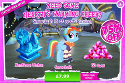 Size: 1964x1295 | Tagged: safe, gameloft, rainbow dash, snowdash, manticore, pegasus, pony, g4, my little pony: magic princess, advertisement, bowtie, clothes, costs real money, english, female, folded wings, gem, mare, mobile game, numbers, rainbow dash always dresses in style, sale, shirt, solo, statue, text, waistcoat, wings