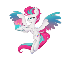 Size: 3880x2955 | Tagged: safe, artist:泽虹sunbow, zipp storm, pegasus, pony, g5, colored wings, colorful, computer, eyebrows, female, flying, gradient wings, grin, high res, hoof hold, laptop computer, mare, simple background, smiling, solo, spread wings, wallpaper, white background, wings