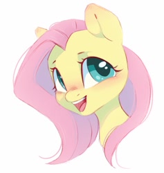 Size: 1008x1064 | Tagged: safe, artist:melodylibris, fluttershy, pegasus, pony, g4, aside glance, blushing, bust, cute, female, looking at you, mare, open mouth, open smile, portrait, shyabetes, simple background, smiling, solo, three quarter view, white background