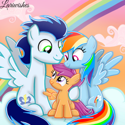Size: 1300x1300 | Tagged: safe, artist:mlplary6, rainbow dash, scootaloo, soarin', pegasus, pony, g4, boyfriend and girlfriend, cloud, female, filly, foal, hug, looking at each other, looking at someone, male, mare, rainbow, scootalove, ship:soarindash, shipping, siblings, sisters, sitting, smiling, smiling at each other, stallion, straight, sunset, trio
