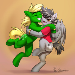 Size: 3000x3000 | Tagged: safe, artist:jedayskayvoker, oc, oc only, oc:fault breccia, oc:vectored thrust, earth pony, pegasus, pony, bipedal, blushing, clothes, couple, cute, earth pony oc, gay, gift art, gradient background, happy, high res, hug, jewelry, jumping, looking at each other, looking at someone, male, oc x oc, pegasus oc, raised hoof, ring, shipping, shirt, short tail, smiling, smiling at each other, spread wings, stallion, standing, standing on one leg, tail, wedding ring, wings