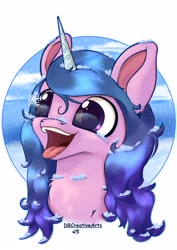 Size: 2480x3508 | Tagged: safe, artist:playful wings, izzy moonbow, pony, unicorn, g5, bust, female, high res, mare, open mouth, signature, simple background, snow, snowflake, solo, taste buds, tongue out, white background