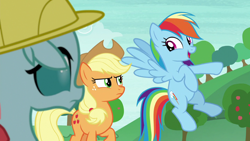 Size: 1280x720 | Tagged: safe, screencap, applejack, ocellus, rainbow dash, changedling, changeling, earth pony, pegasus, pony, g4, non-compete clause, season 8, applejack is not amused, clothes, cute, dashabetes, female, floppy ears, friendship student, hard hat, hat, mare, pointing, trio, trio female, unamused