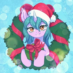 Size: 1369x1368 | Tagged: safe, artist:ls_skylight, oc, oc only, pony, unicorn, christmas, commission, hat, holiday, hoof hold, horn, present, santa hat, solo, unicorn oc, wreath, ych result