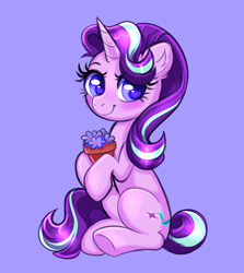 Size: 2936x3296 | Tagged: safe, artist:confetticakez, starlight glimmer, pony, unicorn, g4, beautiful, blue background, cute, female, flower, flower pot, glimmerbetes, high res, looking at you, mare, simple background, sitting, smiling, solo, underhoof