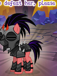 Size: 514x689 | Tagged: safe, gameloft, crystal pony, pony, g4, my little pony: magic princess, alternate timeline, armor, cropped, crystal war timeline, female, helmet, meme, mind control, soldier, solo, sombra soldier, sombraverse, spikes, text, unnamed character, unnamed pony, wow! glimmer