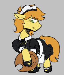 Size: 357x420 | Tagged: safe, artist:dsstoner, braeburn, earth pony, pony, g4, aggie.io, blushing, clothes, covering, cowboy hat, crossdressing, dress, embarrassed, french maid, frown, hat, maid, male, simple background, stallion
