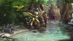 Size: 10533x5925 | Tagged: safe, artist:zilvart, daring do, alligator, bird, crocodile, pegasus, pony, g4, absurd resolution, clothes, female, flying, hat, jungle, mare, reflection, river, scenery, scenery porn, solo, temple, temple of chicomoztoc, water, waterfall