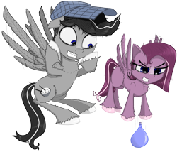 Size: 2341x2000 | Tagged: safe, artist:chopsticks, derpibooru exclusive, oc, oc only, oc:chopsticks, oc:cookie cutter, pegasus, pony, 2023 community collab, derpibooru community collaboration, butt fluff, cheek fluff, chest fluff, chipped tooth, duo, ear fluff, evil grin, father and child, father and daughter, female, filly, flying, foal, frazzled hair, grin, hat, high res, male, pegasus oc, simple background, smiling, stallion, transparent background, unshorn fetlocks, water balloon