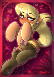 Size: 883x1248 | Tagged: safe, artist:llametsul, ms. harshwhinny, earth pony, pony, g4, bedroom eyes, blushing, clothes, colored, ear piercing, female, heart, heart eyes, looking at you, mare, piercing, signature, socks, solo, stockings, thigh highs, wingding eyes