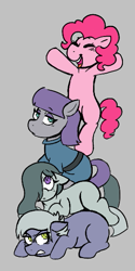 Size: 293x588 | Tagged: safe, artist:dsstoner, limestone pie, marble pie, maud pie, pinkie pie, earth pony, pony, g4, aggie.io, angry, clothes, cute, eyes closed, female, frown, gray background, happy, looking up, mare, open mouth, pie sisters, pony pile, raised arms, siblings, simple background, sisters, smiling, tower of pony