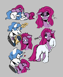Size: 556x679 | Tagged: safe, artist:dsstoner, fancypants, pinkie pie, earth pony, pony, unicorn, g4, aggie.io, angry, blushing, bow, clothes, comic, female, flower, growling, heart, kissing, lying down, magic, magic aura, male, mare, pinkiepants, shipping, shirt, simple background, sleeping, stallion, straight