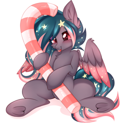 Size: 4000x4000 | Tagged: safe, alternate version, artist:pesty_skillengton, oc, oc only, oc:star universe, pegasus, pony, :p, absurd resolution, blushing, candy, candy cane, cute, female, food, holiday, imminent consumption, imminent nom, imminent stuffing, mare, pegasus oc, simple background, sitting, solo, spread wings, tongue out, underhoof, white background, wings