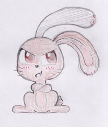 Size: 1048x1235 | Tagged: safe, artist:foxtrot3, oc, oc only, oc:whistle, changeling, rabbit, undead, vampire, animal, crossed arms, fangs, pouting, red eyes, simple background, solo, traditional art, white background