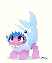Size: 600x720 | Tagged: safe, artist:symbianl, artist:szafir87, izzy moonbow, pony, unicorn, g5, animal costume, animated, baby shark, blushing, clothes, costume, cute, filly, filly izzy moonbow, gif, izzybetes, kimiko glenn, shark costume, simple background, solo, szafir87 is trying to murder us, unshorn fetlocks, voice actor joke, weapons-grade cute, white background, younger
