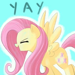 Size: 1200x1200 | Tagged: safe, artist:andromedasparkz, fluttershy, pegasus, pony, g4, blue background, cheering, cute, eyes closed, female, flutteryay, mare, open mouth, shyabetes, simple background, solo, spread wings, wings, yay