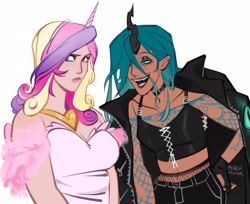 Size: 2821x2303 | Tagged: safe, artist:peachmichea, princess cadance, queen chrysalis, human, g4, blushing, breasts, cleavage, clothes, dark skin, denim, dress, duo, eyeshadow, fangs, female, fishnet stockings, flirting, high res, horn, horned humanization, humanized, jacket, jeans, leather, leather jacket, lesbian, light skin, lipstick, looking away, makeup, midriff, moderate dark skin, pants, ship:cadalis, shipping, shirt, simple background, torn clothes, white background