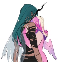 Size: 1697x1809 | Tagged: safe, artist:peachmichea, princess cadance, queen chrysalis, human, g4, clothes, dark skin, dress, duo, female, horn, horned humanization, hug, humanized, infidelity, lesbian, messy hair, ship:cadalis, shipping, simple background, sweet dreams fuel, torn clothes, white background, winged humanization, wings