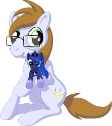 Size: 1156x1300 | Tagged: safe, artist:darkdabula, princess luna, oc, oc only, oc:clicking keys, earth pony, pony, 2023 community collab, derpibooru community collaboration, g4, glasses, looking at you, plushie, simple background, sitting, solo, transparent background