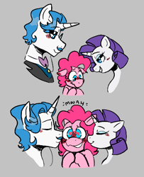 Size: 394x485 | Tagged: safe, artist:dsstoner, fancypants, pinkie pie, rarity, earth pony, pony, unicorn, g4, aggie.io, bisexual, bisexual female, blushing, blushing profusely, cheek kiss, clothes, comic, female, floppy ears, flustered, heart, heart eyes, kiss sandwich, kissing, lesbian, lowres, male, onomatopoeia, pinkiepants, polyamory, ship:raripie, shipping, shipping fuel, simple background, straight, trio, wingding eyes
