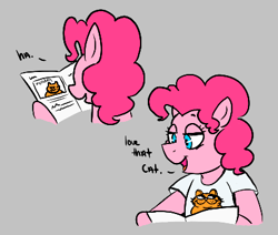 Size: 397x336 | Tagged: safe, artist:dsstoner, pinkie pie, cat, earth pony, pony, g4, aggie.io, amused, clothes, comic, garfield, gray background, male, newspaper, reading, shirt, simple background, t-shirt