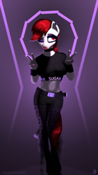 Size: 1440x2560 | Tagged: safe, artist:magentastranger, sugar moonlight, earth pony, anthro, unguligrade anthro, g5, belly button, belt, choker, clothes, double peace sign, ear piercing, eyeshadow, fishnet stockings, goth, lipstick, makeup, midriff, nail polish, one eye closed, peace sign, piercing, stockings, thigh highs