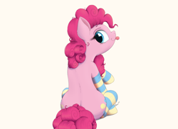 Size: 2130x1551 | Tagged: safe, artist:arcane-thunder, pinkie pie, earth pony, pony, clothes, female, looking back, mare, rear view, simple background, sitting, socks, solo, spine, striped socks, tongue out, white background