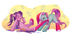 Size: 2675x1377 | Tagged: safe, artist:cbrncrpls, kimono, minty, earth pony, pony, g3, christmas, clothes, eyes closed, female, hat, holiday, mare, mouth hold, one eye closed, open mouth, open smile, pulling, santa hat, signature, simple background, smiling, socks, that pony sure does love socks, white background