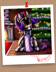 Size: 4800x6144 | Tagged: safe, artist:shkura2011, king sombra, pony, unicorn, g4, christmas, christmas tree, cute, fire, fireplace, holiday, mouth hold, photo, present, solo, sombradorable, tree