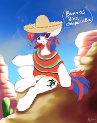 Size: 1609x2048 | Tagged: safe, artist:mysha, oc, oc:snowi, pony, unicorn, background pony, belly, blue mane, blue tail, clothes, dialogue, dynamite, ears, explosives, female, female oc, fire, full body, hat, horn, looking at you, mare, mexico, multicolored mane, poncho, pony oc, red eyes, red mane, red tail, sitting, smiling, smiling at you, smoke, solo, sombrero, tail, unicorn oc, white pony