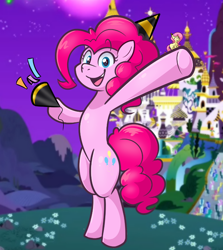 Size: 756x848 | Tagged: safe, artist:scootieloo, fluttershy, pinkie pie, earth pony, pegasus, pony, g4, bipedal, female, happy, happy new year, hat, holiday, mare, micro, party hat, party horn, screencap background, standing, waving